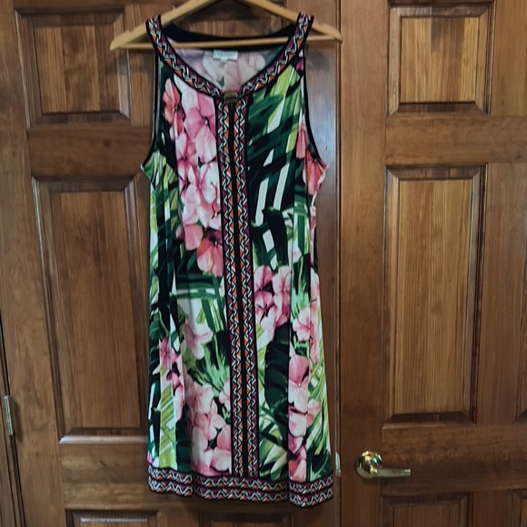 Calvin Klein Floral and Leaf Print Midi Dress - Black, Pink, Green - Picture 1 of 7
